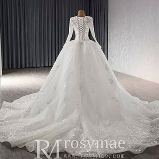 Long Sleeve Ball Gown Lace Tulle Wedding Dress with High Back - Rosymae