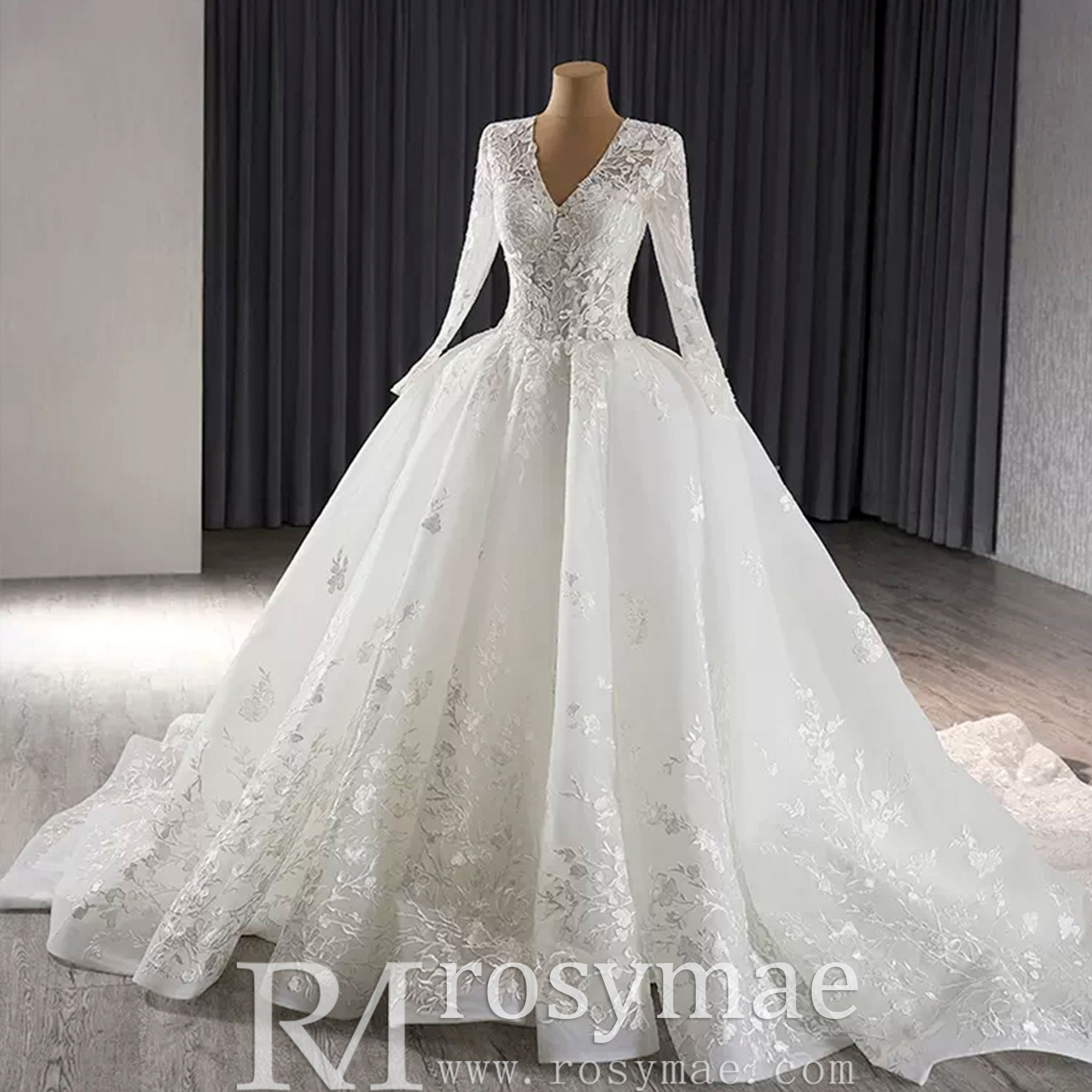 Long Sleeve Ball Gown Lace Tulle Wedding Dress with High Back - Rosymae