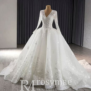 Long Sleeve Ball Gown Lace Tulle Wedding Dress with High Back - Rosymae