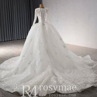 Long Sleeve Ball Gown Lace Tulle Wedding Dress with High Back - Rosymae