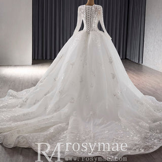 Long Sleeve Ball Gown Lace Tulle Wedding Dress with High Back - Rosymae