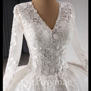 Long Sleeve Ball Gown Lace Tulle Wedding Dress with High Back - Rosymae