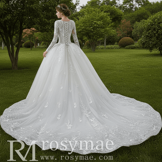 Long Sleeve Ball Gown Lace Tulle Wedding Dress with High Back - Rosymae