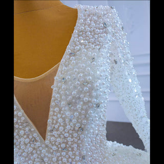 Long Sleeve Ball Gown V-neck Wedding Dress with Beaded Pearl - Rosymae