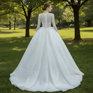Long Sleeve Ball Gown V-neck Wedding Dress with Beaded Pearl - Rosymae