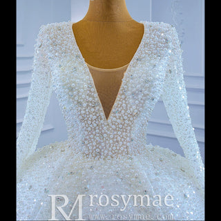Long Sleeve Ball Gown V-neck Wedding Dress with Beaded Pearl - Rosymae