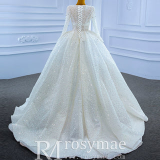 Long Sleeve Ball Gown V-neck Wedding Dress with Beaded Pearl - Rosymae