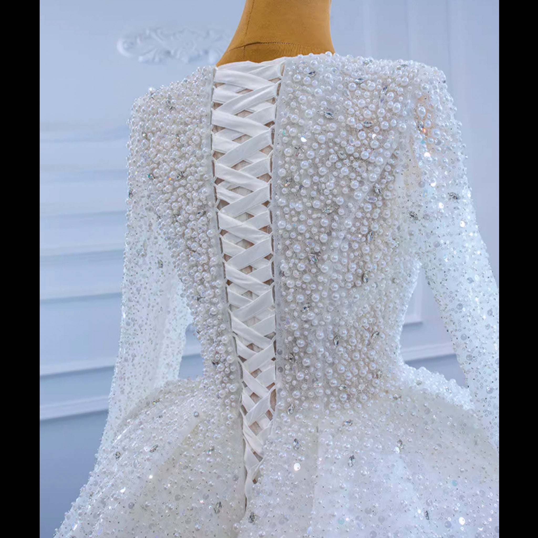 Long Sleeve Ball Gown V-neck Wedding Dress with Beaded Pearl - Rosymae
