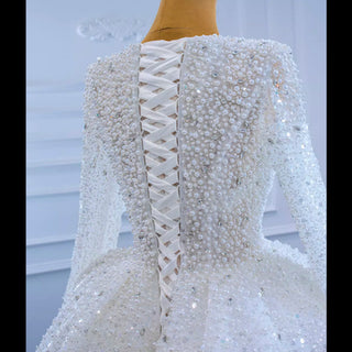 Long Sleeve Ball Gown V-neck Wedding Dress with Beaded Pearl - Rosymae
