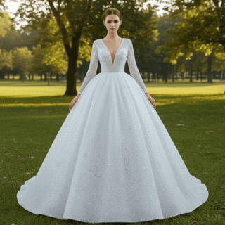 Long Sleeve Ball Gown V-neck Wedding Dress with Beaded Pearl - Rosymae