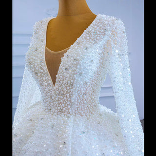 Long Sleeve Ball Gown V-neck Wedding Dress with Beaded Pearl - Rosymae