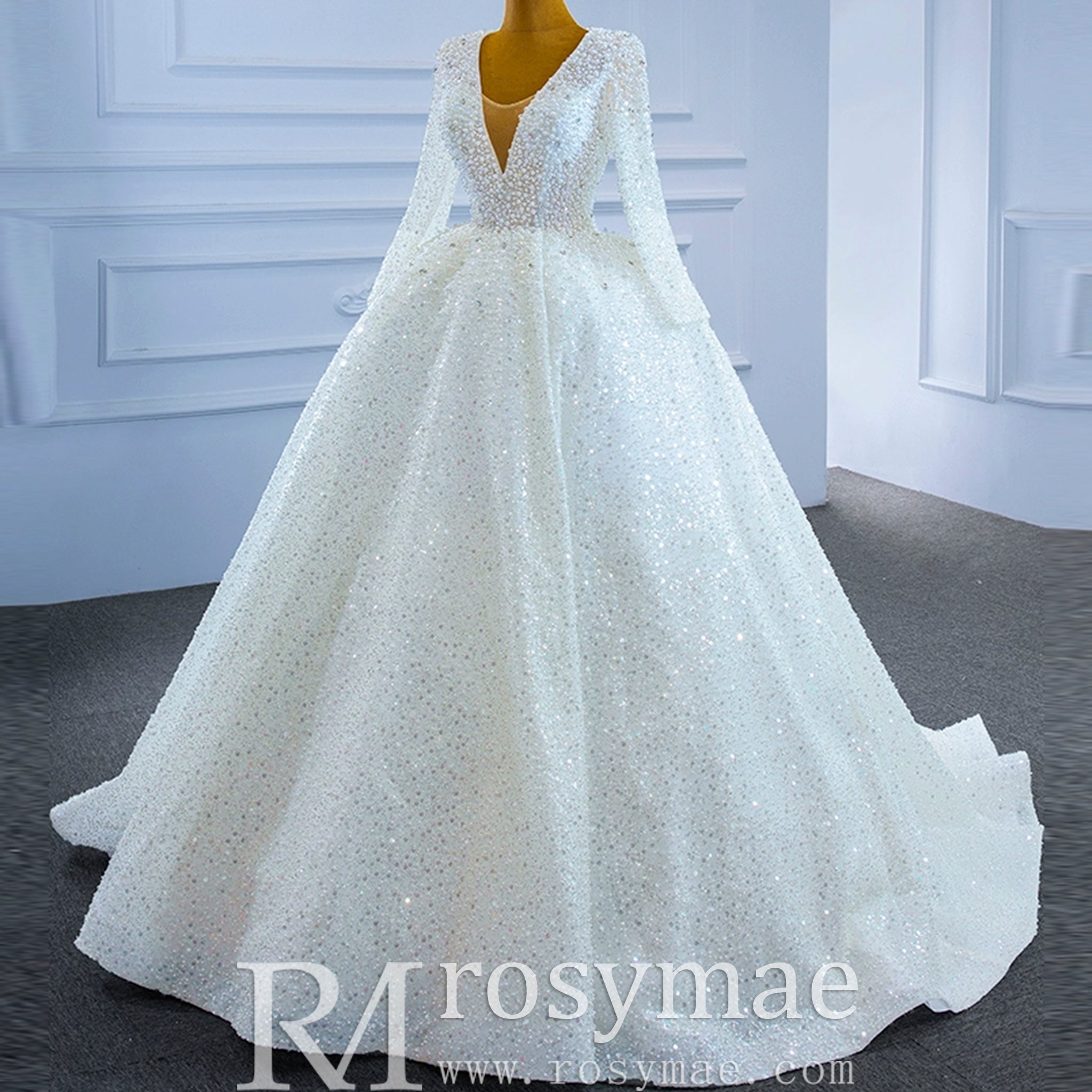 Long Sleeve Ball Gown V-neck Wedding Dress with Beaded Pearl - Rosymae