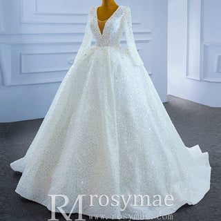 Long Sleeve Ball Gown V-neck Wedding Dress with Beaded Pearl - Rosymae