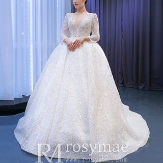 Long Sleeve Ball Gown V-neck Wedding Dress with Beaded Pearl - Rosymae
