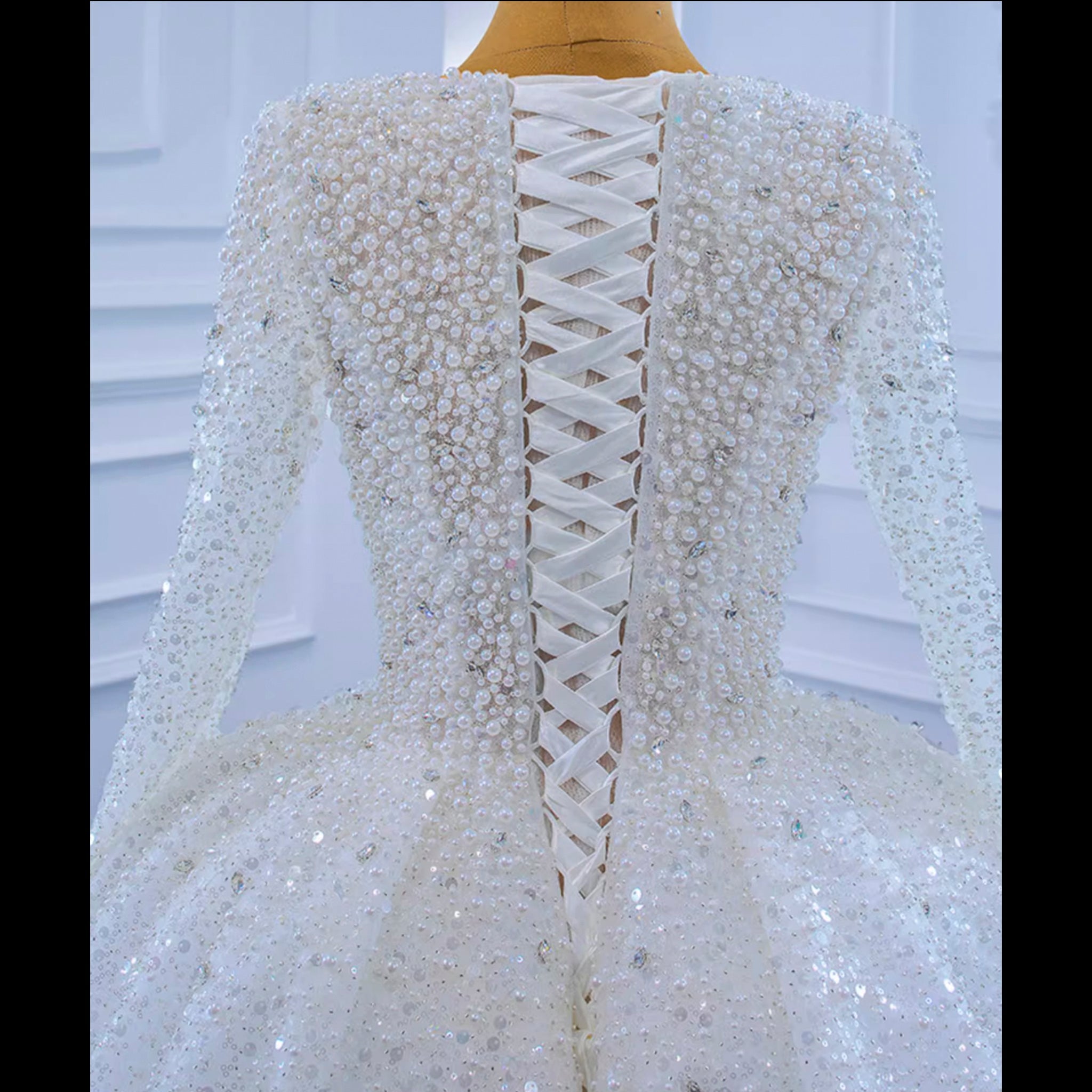 Long Sleeve Ball Gown V-neck Wedding Dress with Beaded Pearl - Rosymae