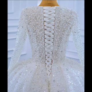 Long Sleeve Ball Gown V-neck Wedding Dress with Beaded Pearl - Rosymae