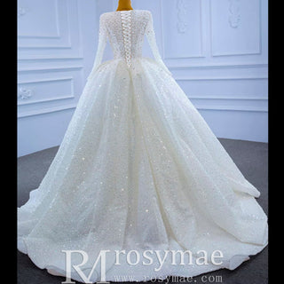 Long Sleeve Ball Gown V-neck Wedding Dress with Beaded Pearl - Rosymae