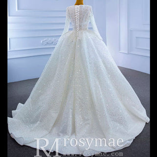 Long Sleeve Ball Gown V-neck Wedding Dress with Beaded Pearl - Rosymae