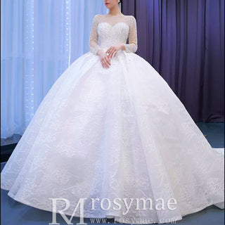Long Sleeve Ball Gown Wedding Dress Princess Bridal Gown - Rosymae