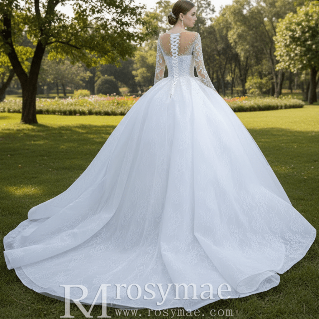 Long Sleeve Ball Gown Wedding Dress Princess Bridal Gown - Rosymae