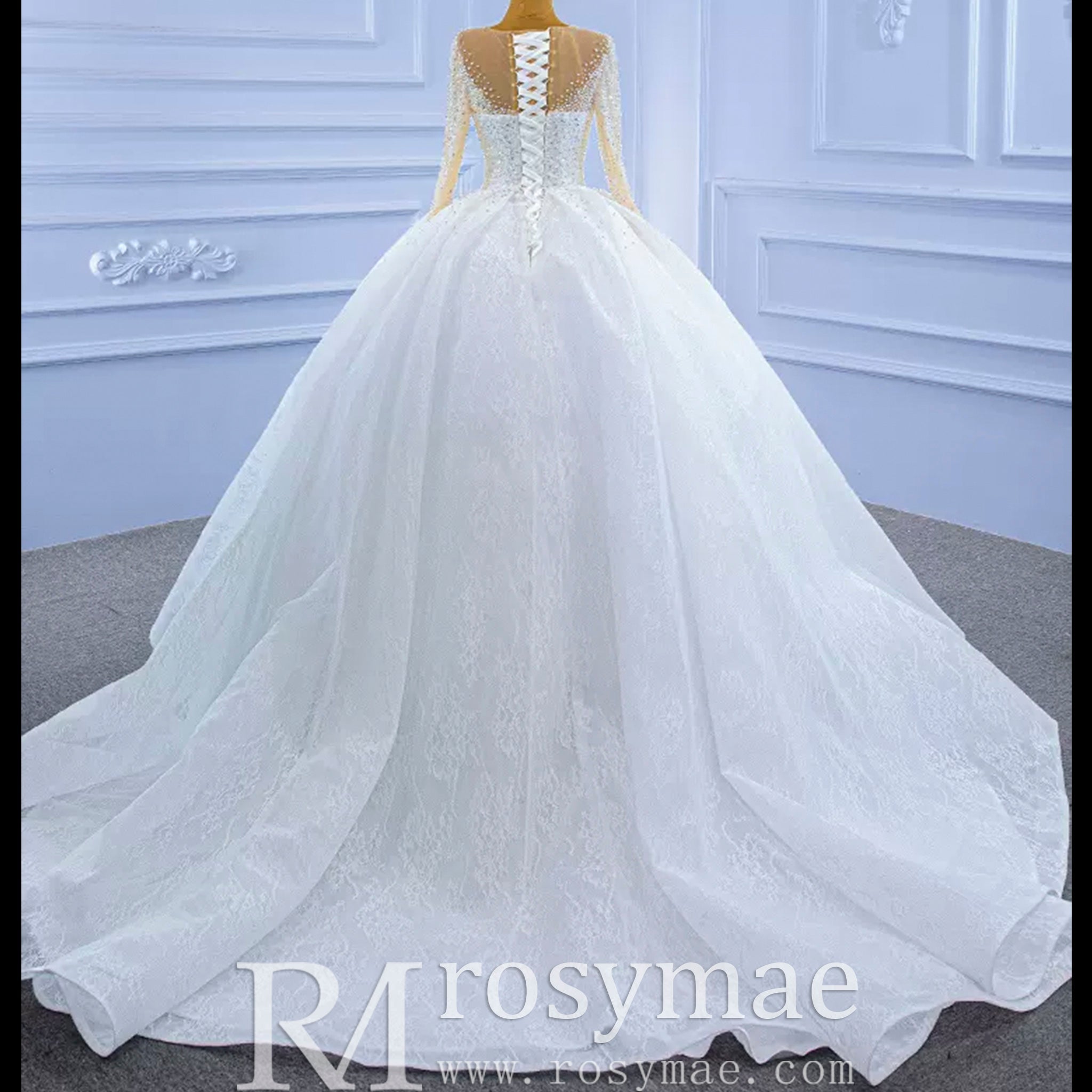 Long Sleeve Ball Gown Wedding Dress Princess Bridal Gown - Rosymae