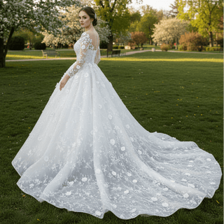 Long Sleeve Ball Gown Wedding Dress with Sheer Neckline - Rosymae
