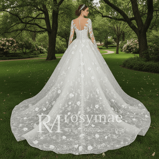 Long Sleeve Ball Gown Wedding Dress with Sheer Neckline - Rosymae