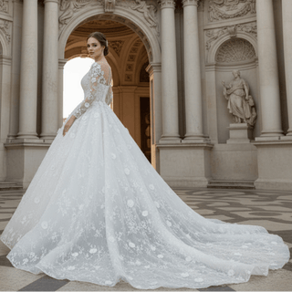 Long Sleeve Ball Gown Wedding Dress with Sheer Neckline - Rosymae