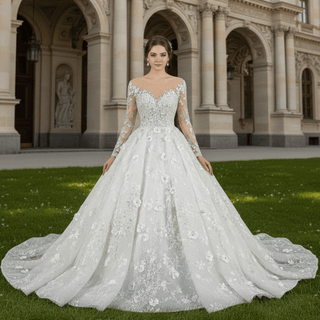 Long Sleeve Ball Gown Wedding Dress with Sheer Neckline - Rosymae