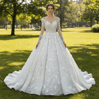 Long Sleeve Ball Gown Wedding Dress with Sheer Neckline - Rosymae