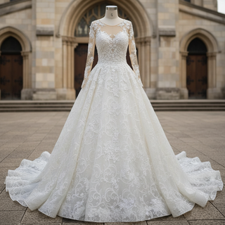 Elegant Scoop Luxury Lace Ball Gown Wedding Dress with Long Sleeve