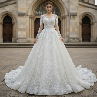 Elegant Scoop Luxury Lace Ball Gown Wedding Dress with Long Sleeve