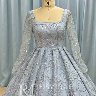 Long Sleeve Sparkly Baby Blue Wedding Dress with Square Neck