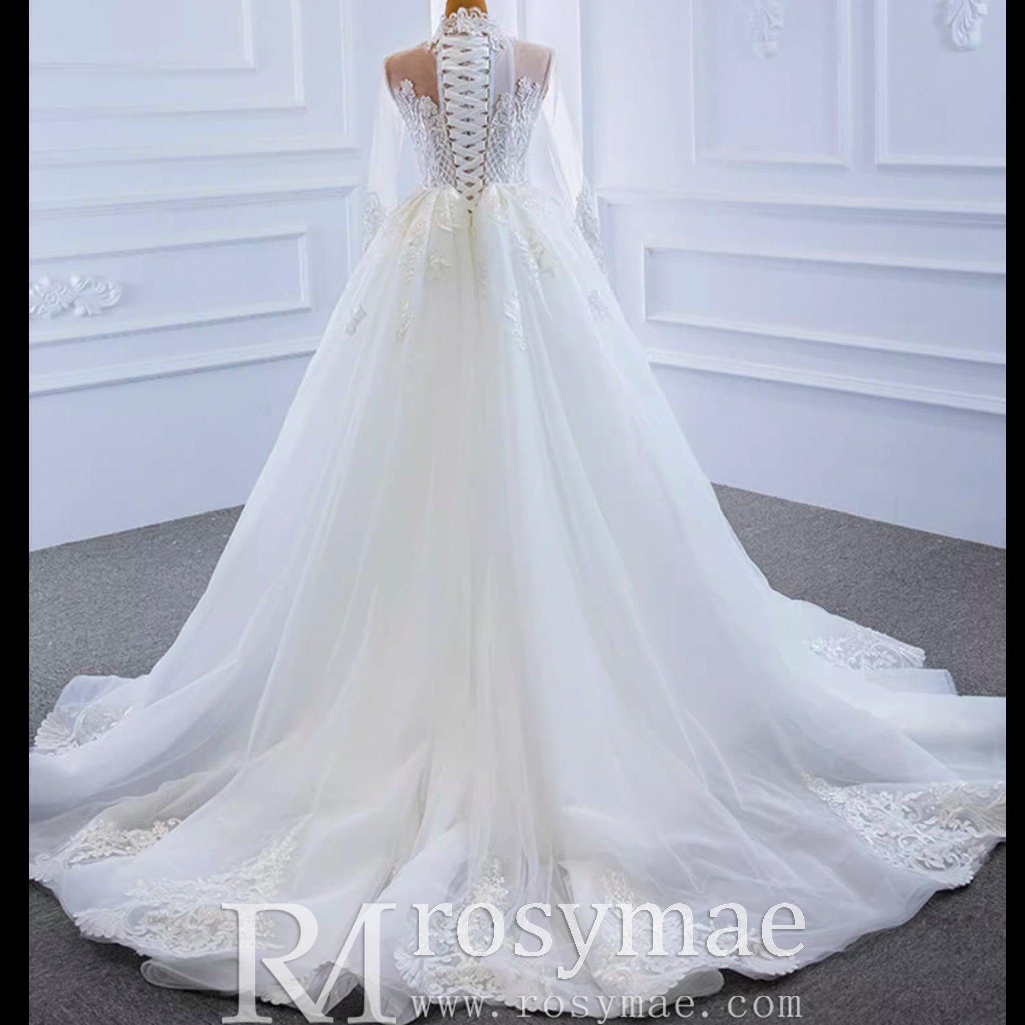 Long Sleeve Bead Pearl High Neck Wedding Dress with Detachable Skirt - Rosymae