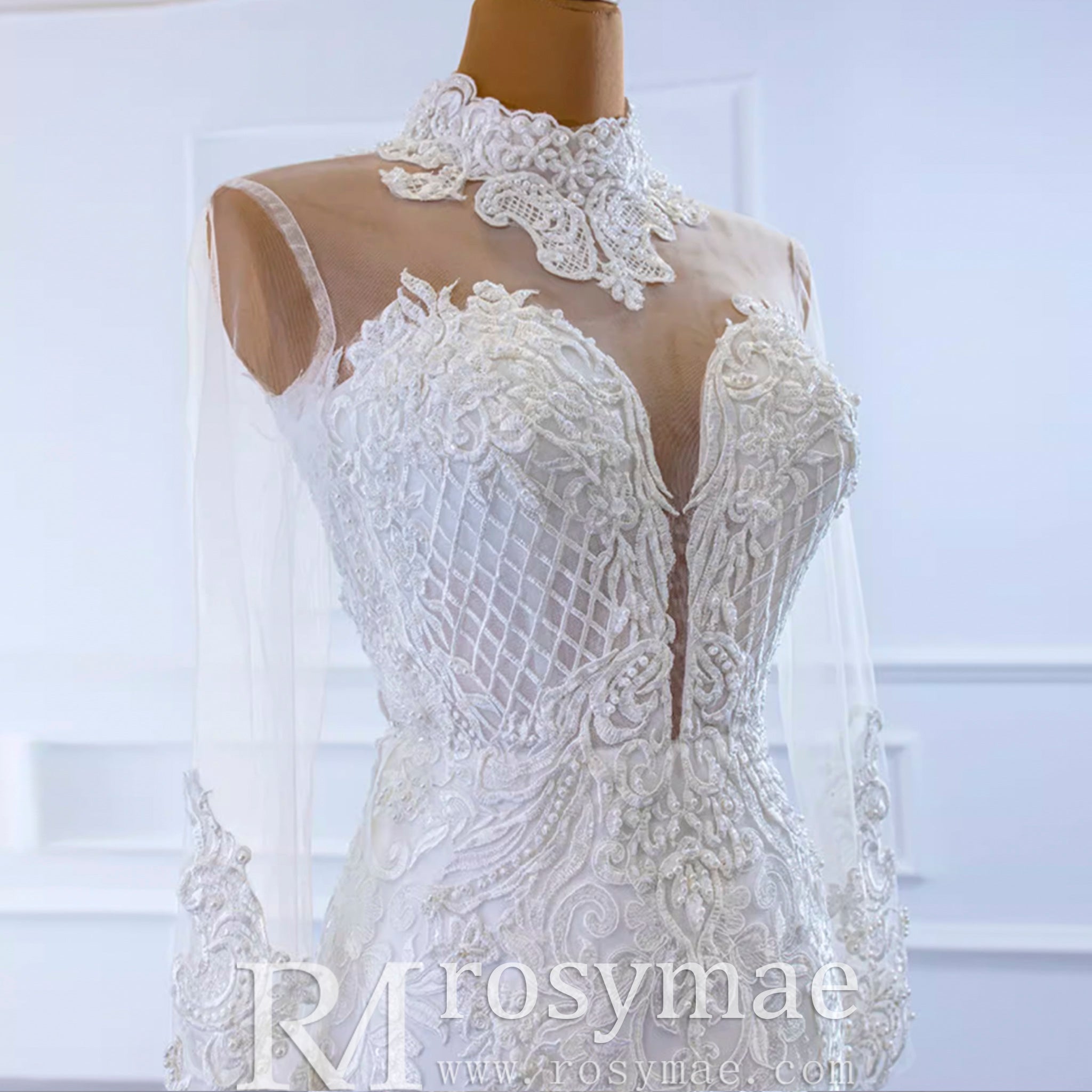 Long Sleeve Bead Pearl High Neck Wedding Dress with Detachable Skirt - Rosymae