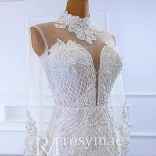 Long Sleeve Bead Pearl High Neck Wedding Dress with Detachable Skirt - Rosymae