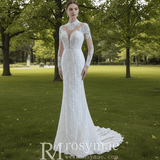 Long Sleeve Bead Pearl High Neck Wedding Dress with Detachable Skirt - Rosymae