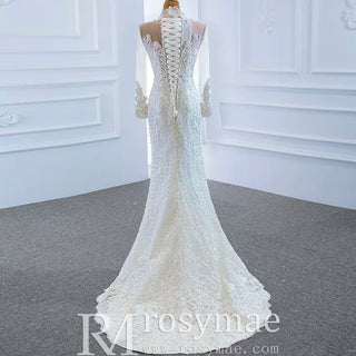 Long Sleeve Bead Pearl High Neck Wedding Dress with Detachable Skirt - Rosymae