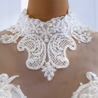 Long Sleeve Bead Pearl High Neck Wedding Dress with Detachable Skirt - Rosymae