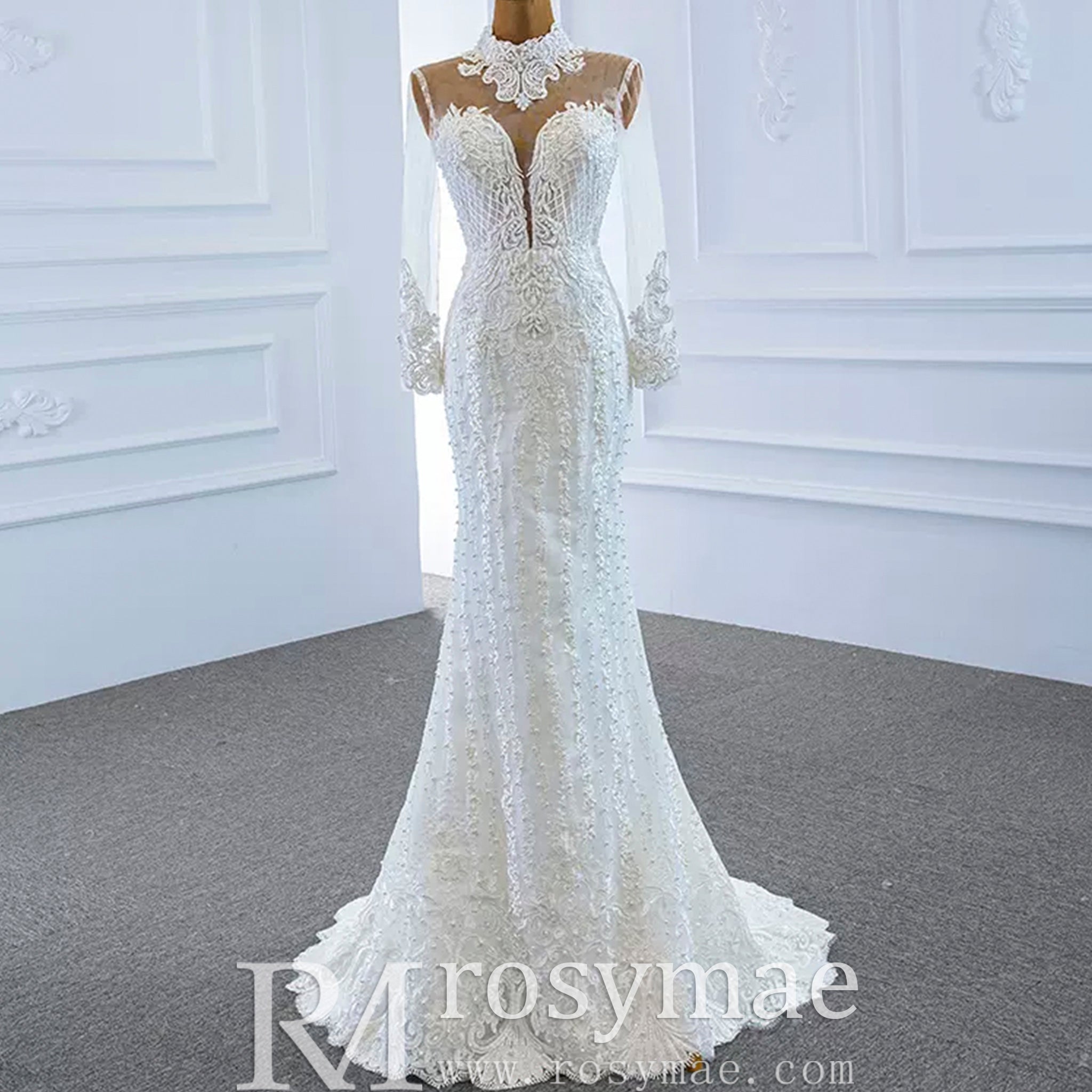 Long Sleeve Bead Pearl High Neck Wedding Dress with Detachable Skirt - Rosymae