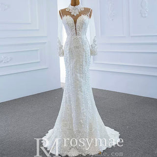 Long Sleeve Bead Pearl High Neck Wedding Dress with Detachable Skirt - Rosymae