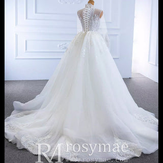 Long Sleeve Bead Pearl High Neck Wedding Dress with Detachable Skirt - Rosymae