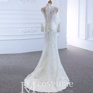 Long Sleeve Bead Pearl High Neck Wedding Dress with Detachable Skirt - Rosymae
