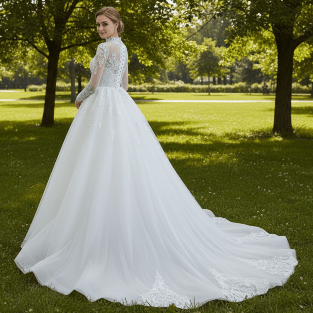 Long Sleeve Bead Pearl High Neck Wedding Dress with Detachable Skirt - Rosymae