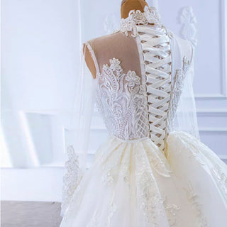 Long Sleeve Bead Pearl High Neck Wedding Dress with Detachable Skirt - Rosymae