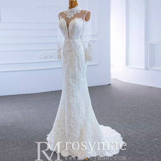Long Sleeve Bead Pearl High Neck Wedding Dress with Detachable Skirt - Rosymae