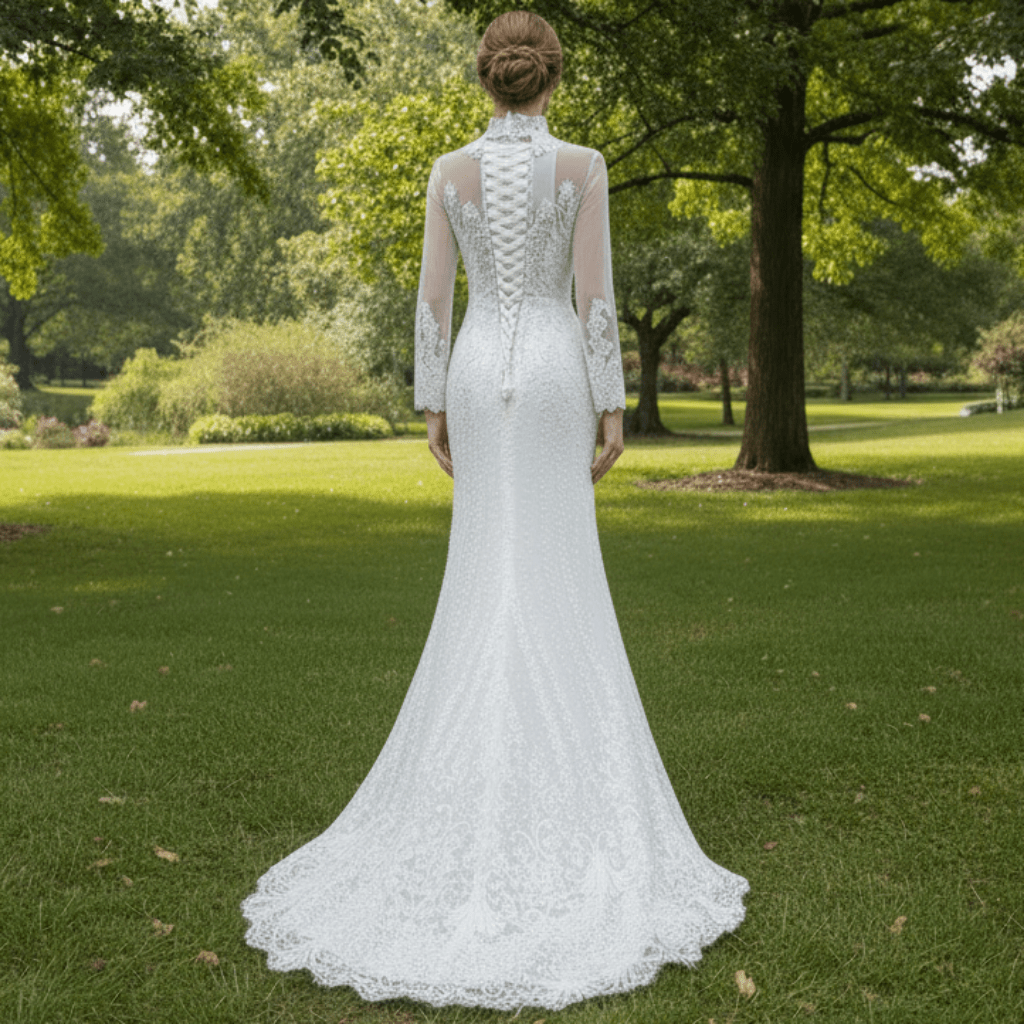 Long Sleeve Bead Pearl High Neck Wedding Dress with Detachable Skirt - Rosymae