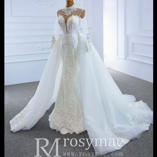 Long Sleeve Bead Pearl High Neck Wedding Dress with Detachable Skirt - Rosymae
