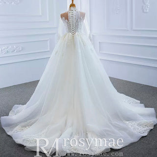 Long Sleeve Bead Pearl High Neck Wedding Dress with Detachable Skirt - Rosymae