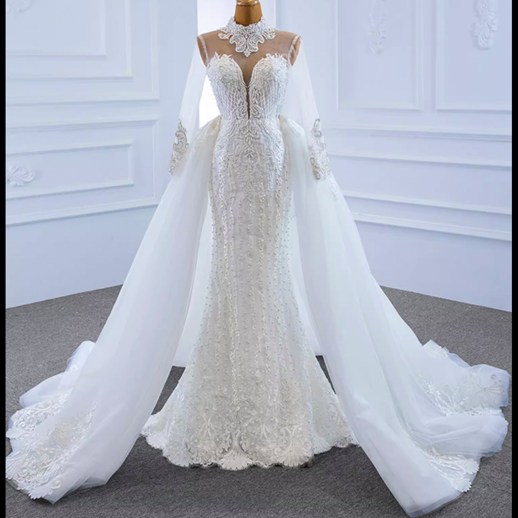 Long Sleeve Bead Pearl High Neck Wedding Dress with Detachable Skirt - Rosymae